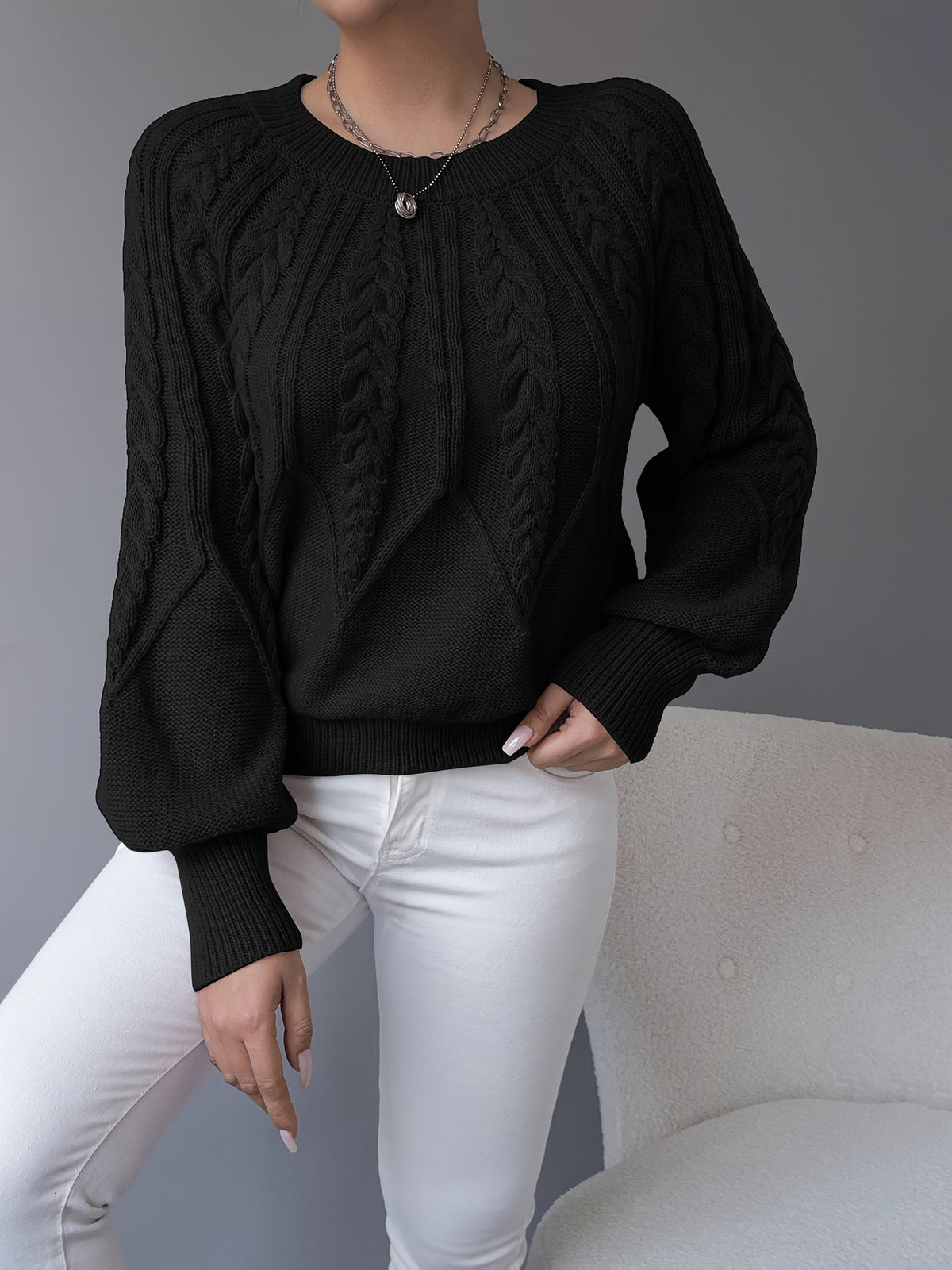 Women's Cable-Knit Jumper with Gathered Lantern Sleeves