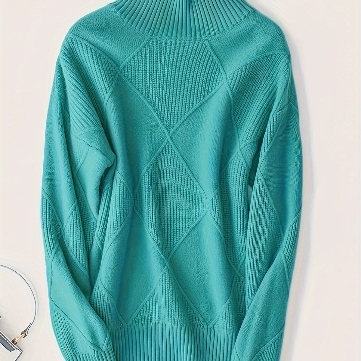 Women's Relaxed High Neck Jumper with Diamond Knit Pattern - Military Blue