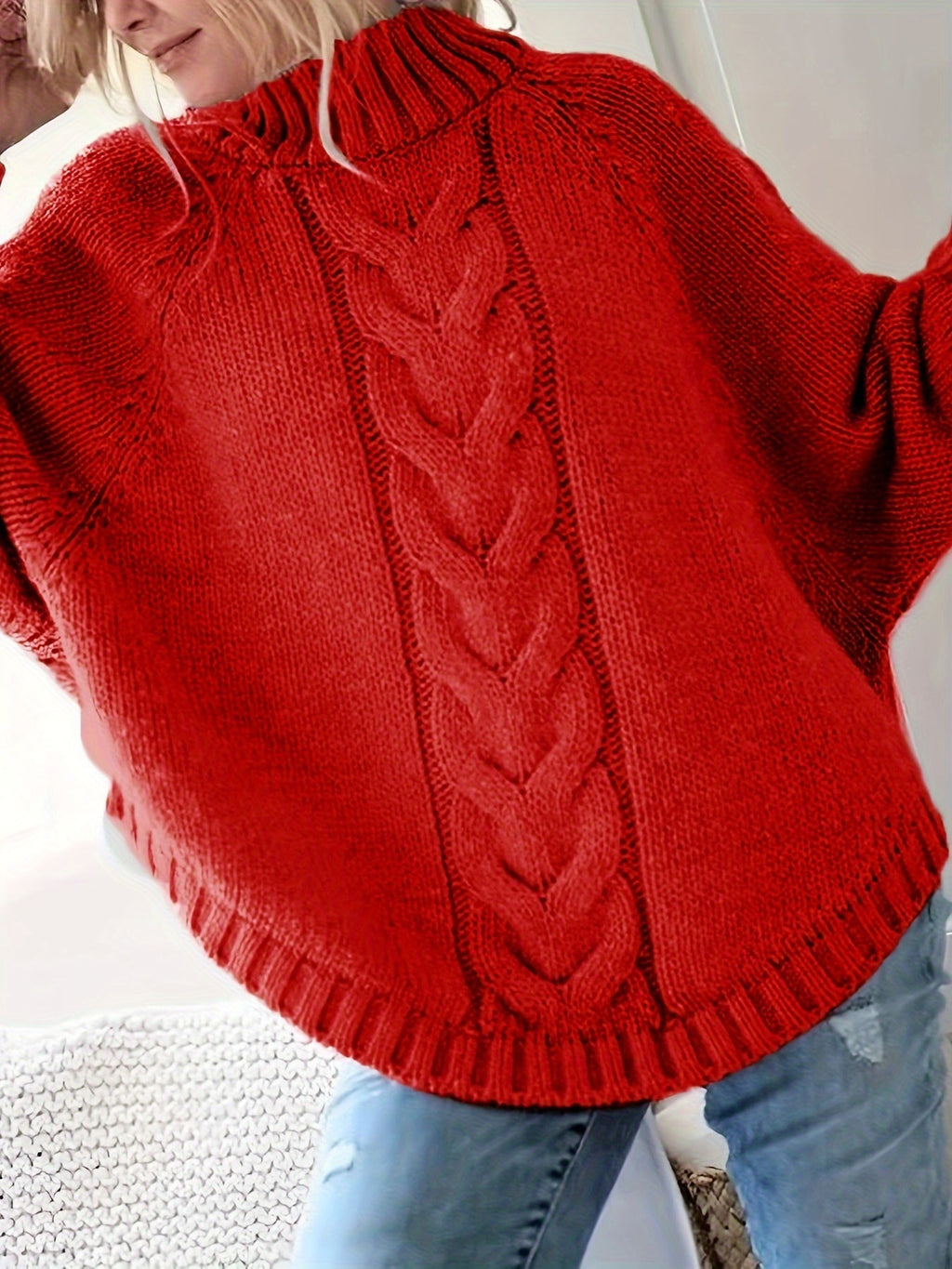 Women's Funnel Neck Thick-Knit Jumper with Cable Stitching