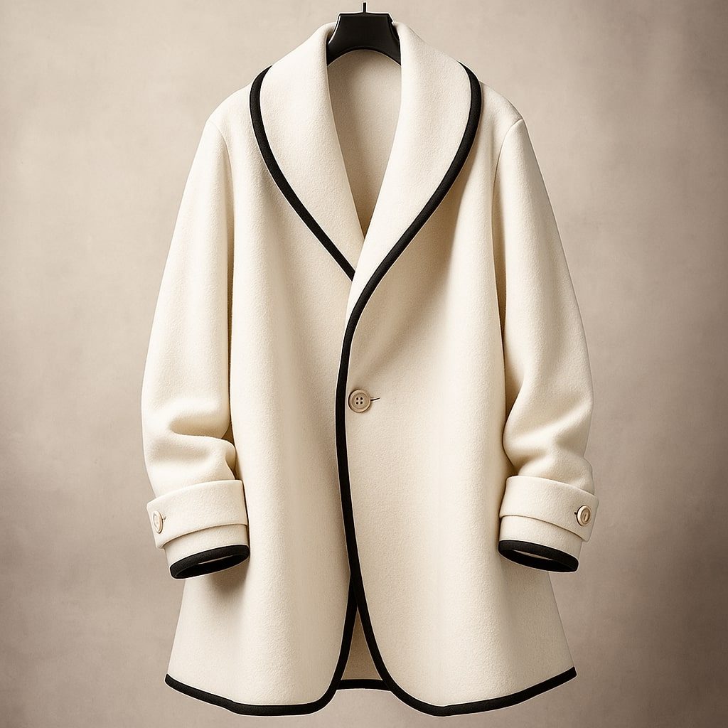 Women's Contrast-Trim Swing Coat with Turn-Back Cuffs - White