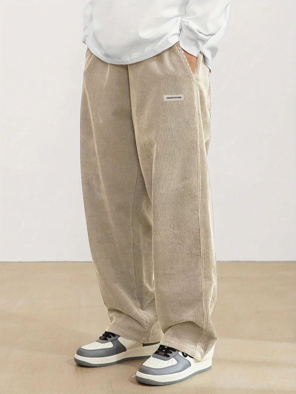 Men's Full-Length Wide-Leg Cord Trousers with Side Pockets - Beige
