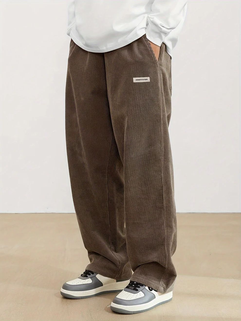 Men's Full-Length Wide-Leg Cord Trousers with Side Pockets - Brown