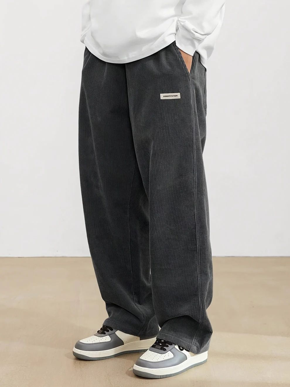 Men's Full-Length Wide-Leg Cord Trousers with Side Pockets - Dark Grey