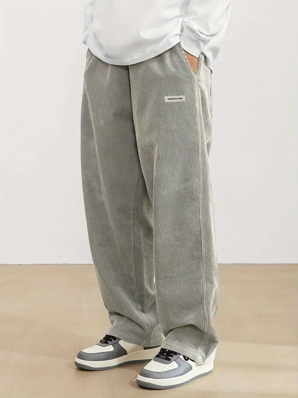 Men's Full-Length Wide-Leg Cord Trousers with Side Pockets - Light Grey