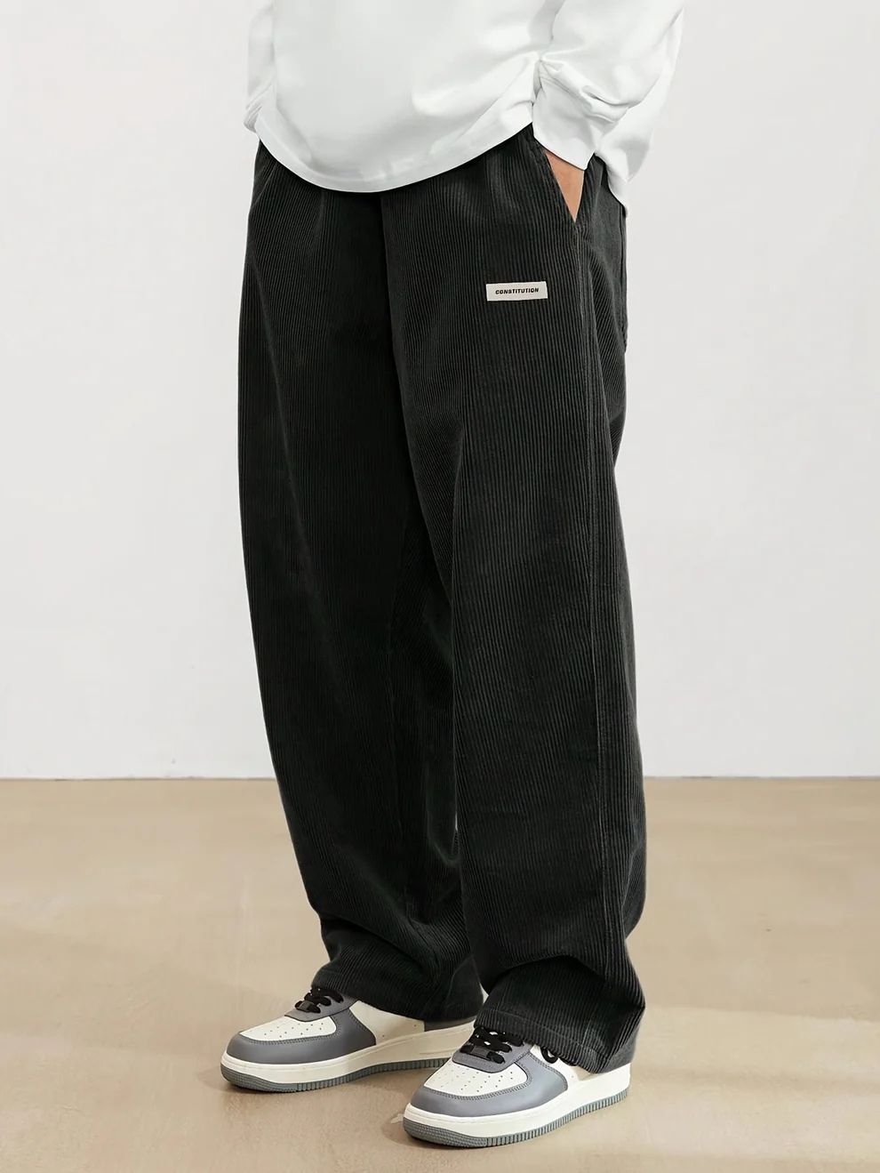 Men's Full-Length Wide-Leg Cord Trousers with Side Pockets - Black