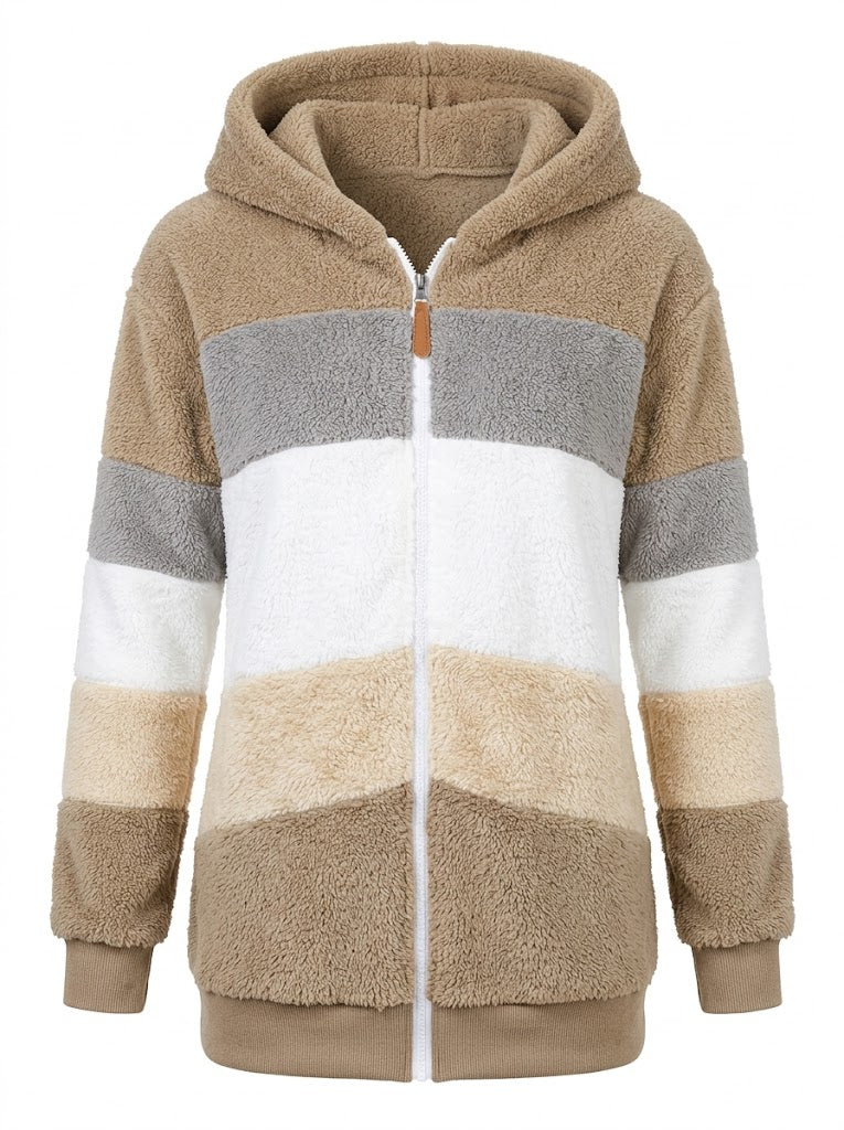 Women's Contrast-Stripe Teddy Fleece Jacket with Hood and Ribbed Hem - Khaki