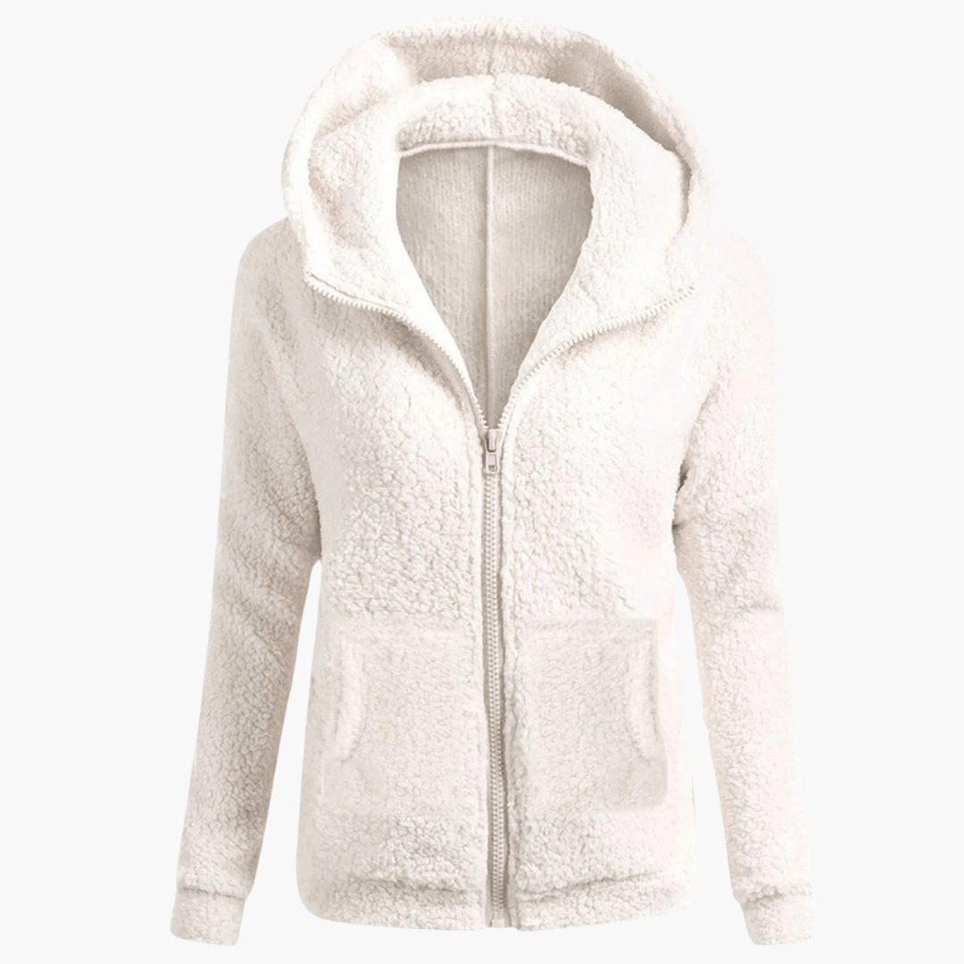 Women's Relaxed Straight-Cut Fleece Jacket with Roomy Hood - White