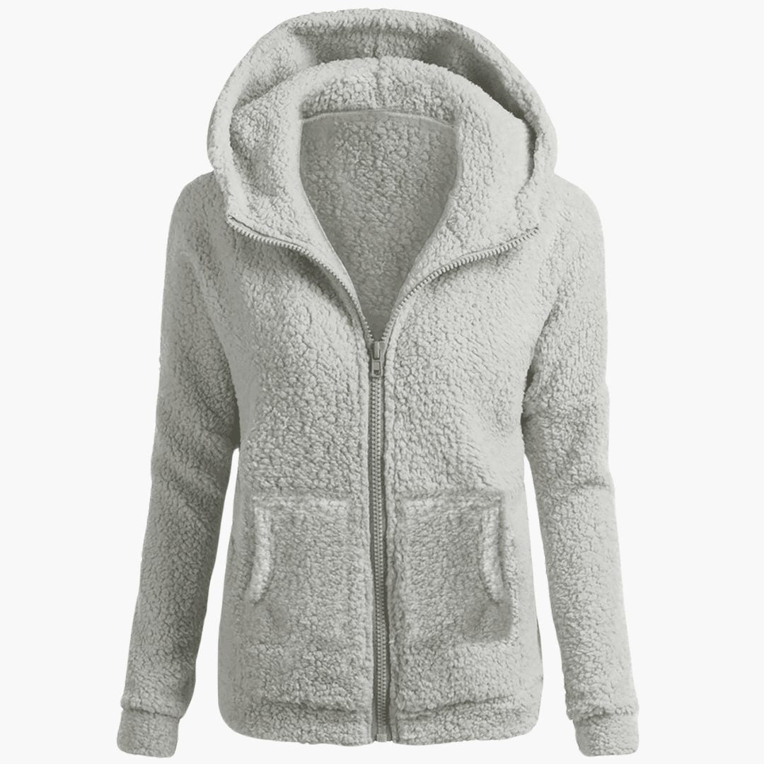 Women's Relaxed Straight-Cut Fleece Jacket with Roomy Hood - Light Grey