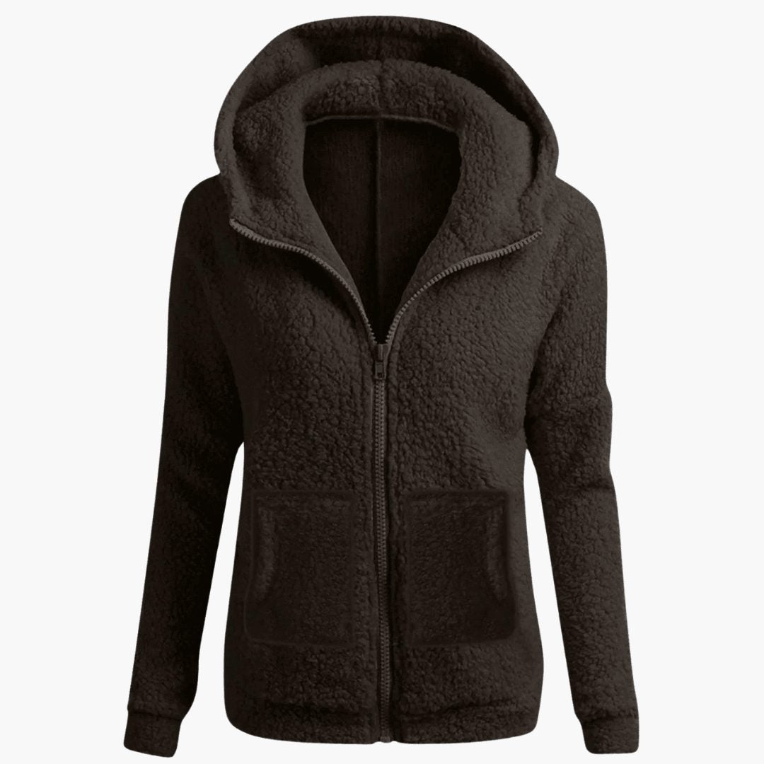 Women's Relaxed Straight-Cut Fleece Jacket with Roomy Hood - Coffee