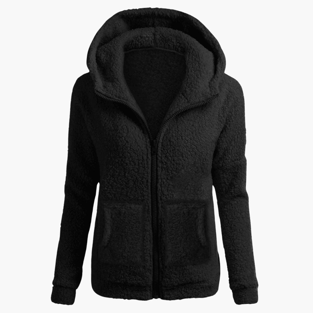 Women's Relaxed Straight-Cut Fleece Jacket with Roomy Hood - Black