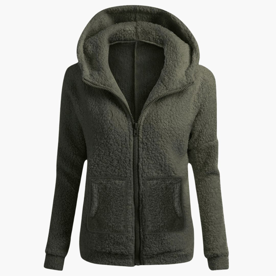 Women's Relaxed Straight-Cut Fleece Jacket with Roomy Hood - Army Green