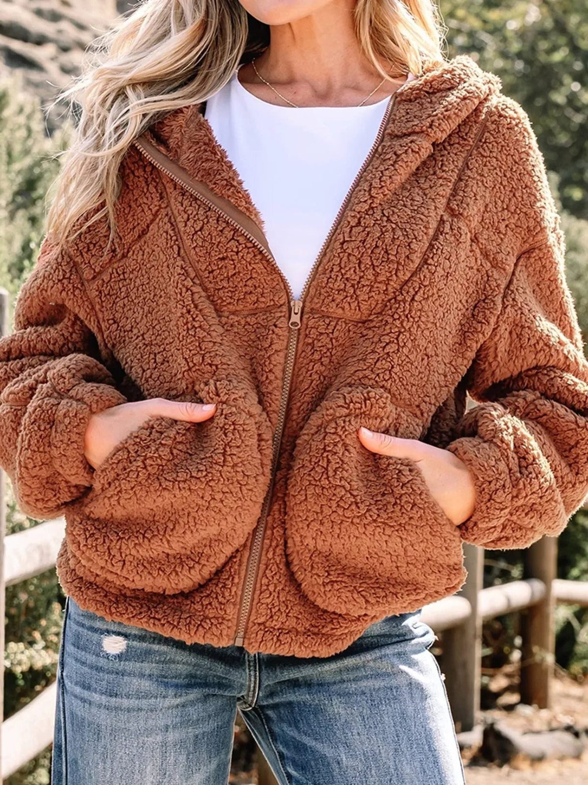 Women's Cosy Oversized Teddy Jacket for Weekends - Brown