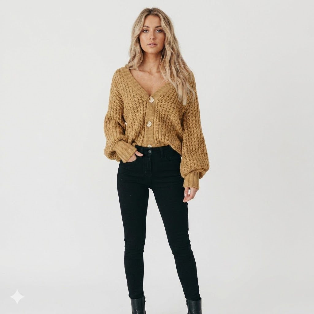 Women's Short Thick-Knit Button Cardigan with Roomy Sleeves - Khaki