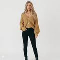 Women's Short Thick-Knit Button Cardigan with Roomy Sleeves - Khaki