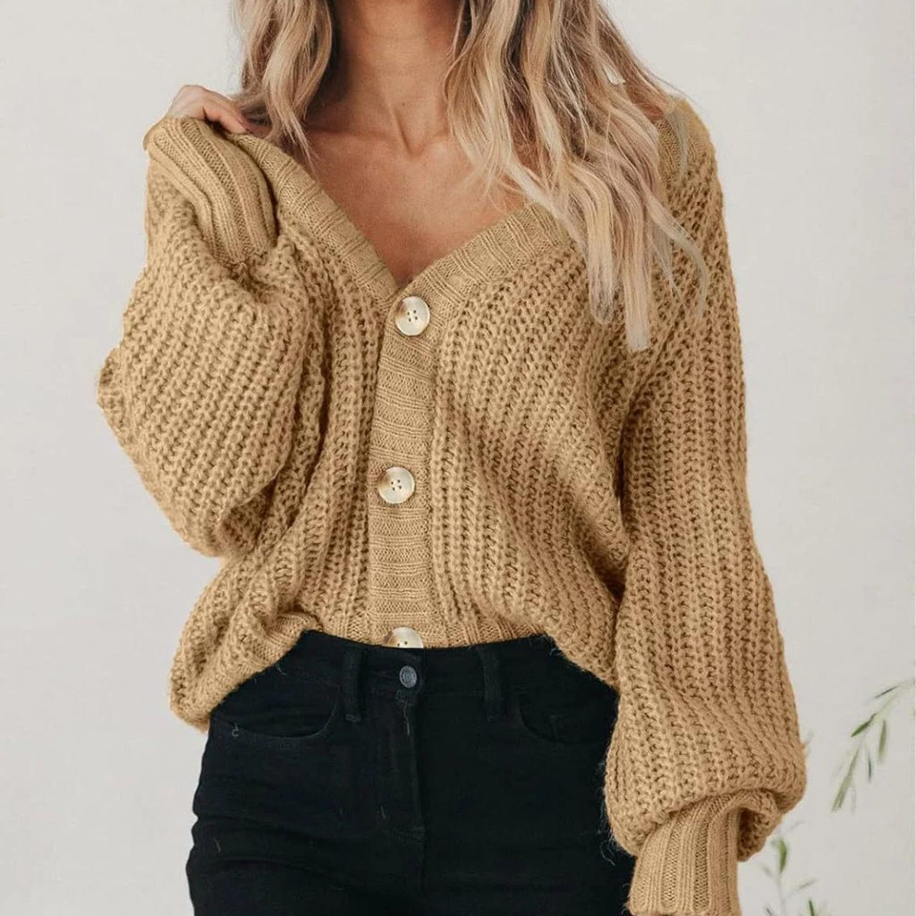 Women's Short Thick-Knit Button Cardigan with Roomy Sleeves