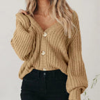 Women's Short Thick-Knit Button Cardigan with Roomy Sleeves