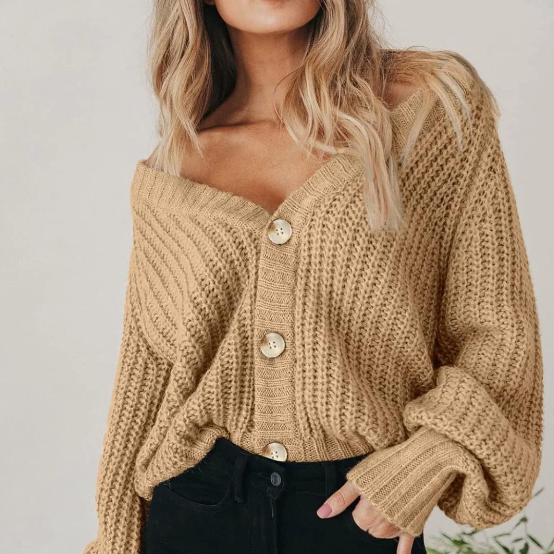 Women's Short Thick-Knit Button Cardigan with Roomy Sleeves