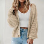 Women's Short Thick-Knit Button Cardigan with Roomy Sleeves