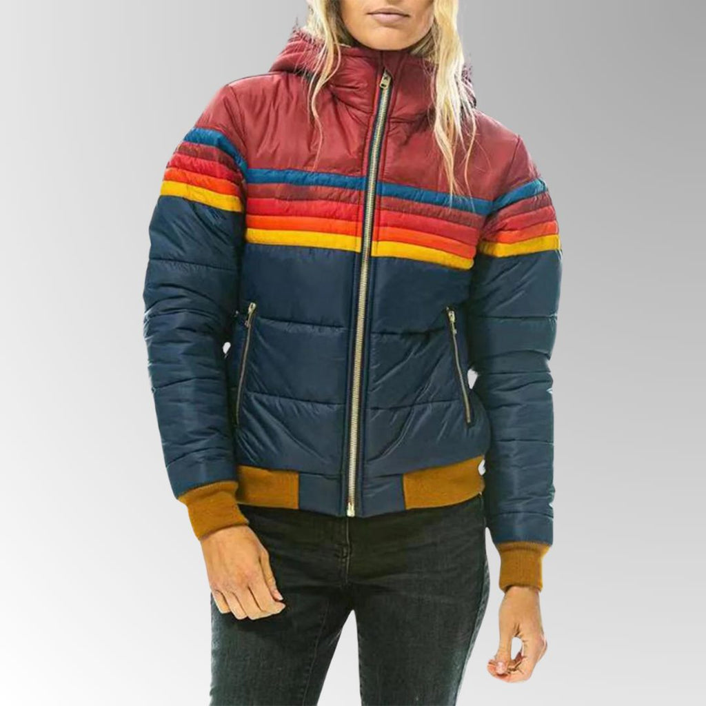 Women's Hooded Quilted Puffer with Throwback Stripe Panels - Marine Blue