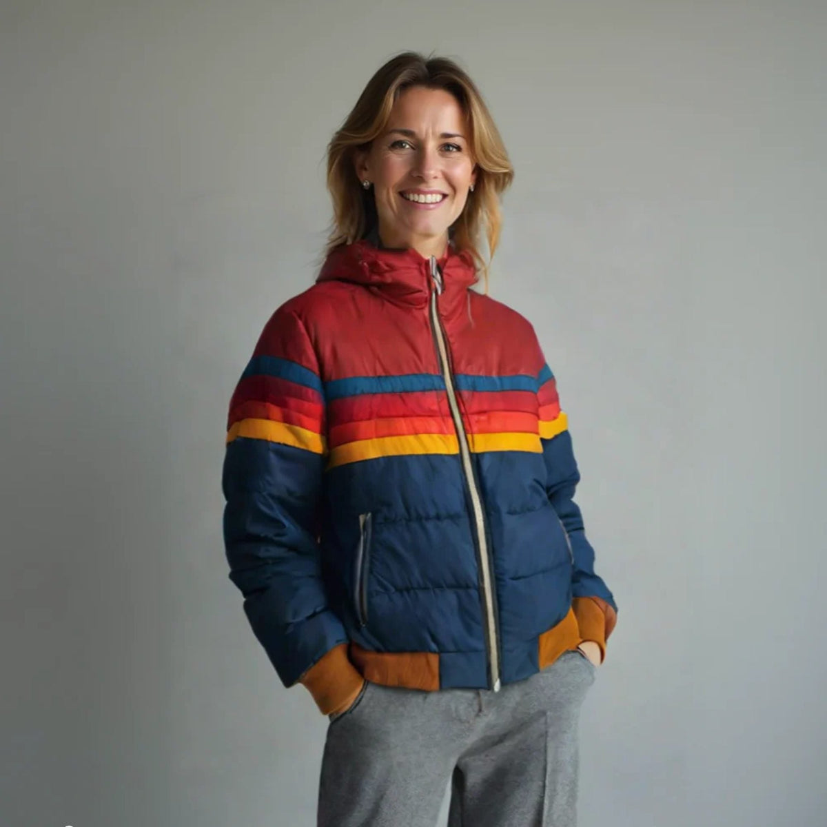 Women's Hooded Quilted Puffer with Throwback Stripe Panels