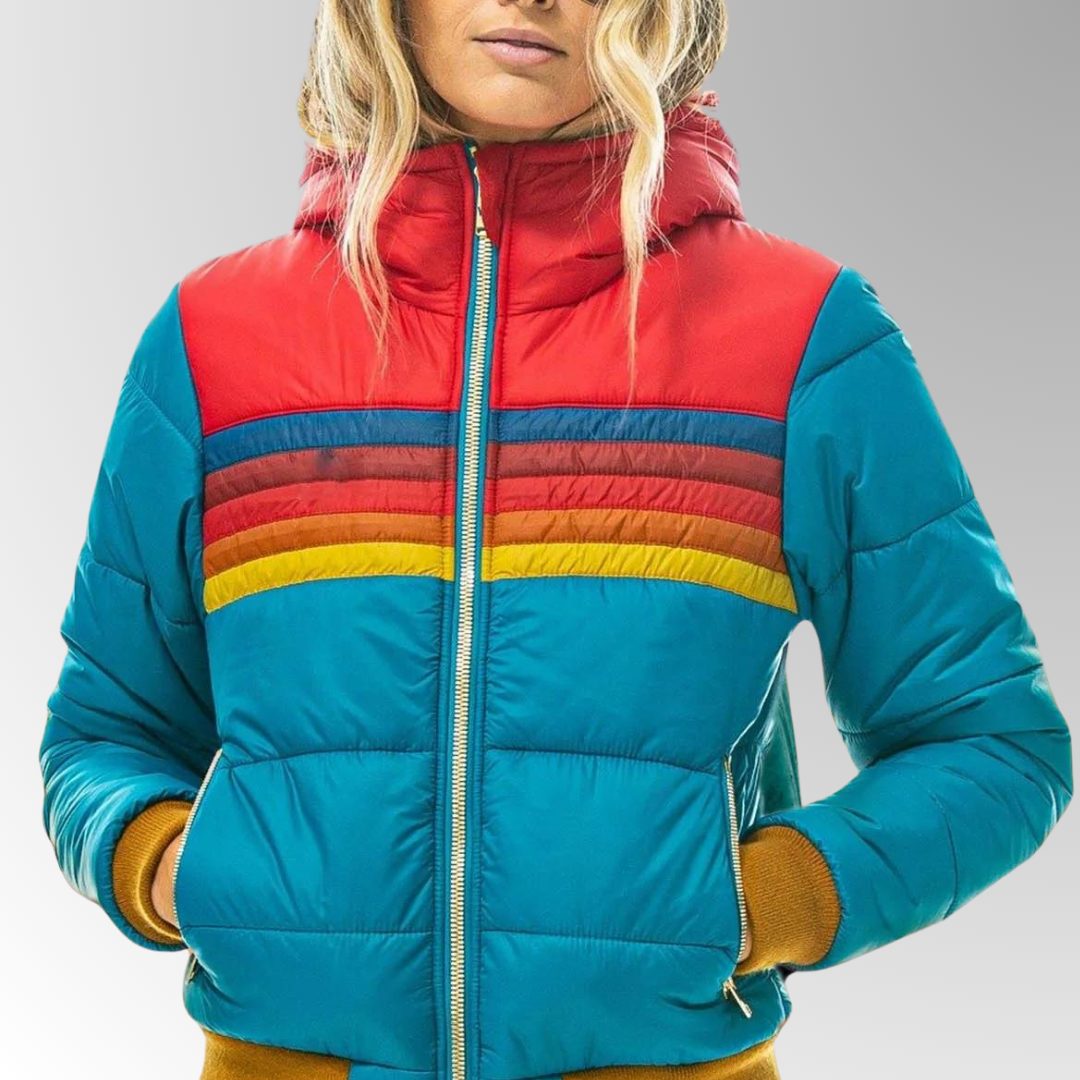 Women's Hooded Quilted Puffer with Throwback Stripe Panels - Light Blue