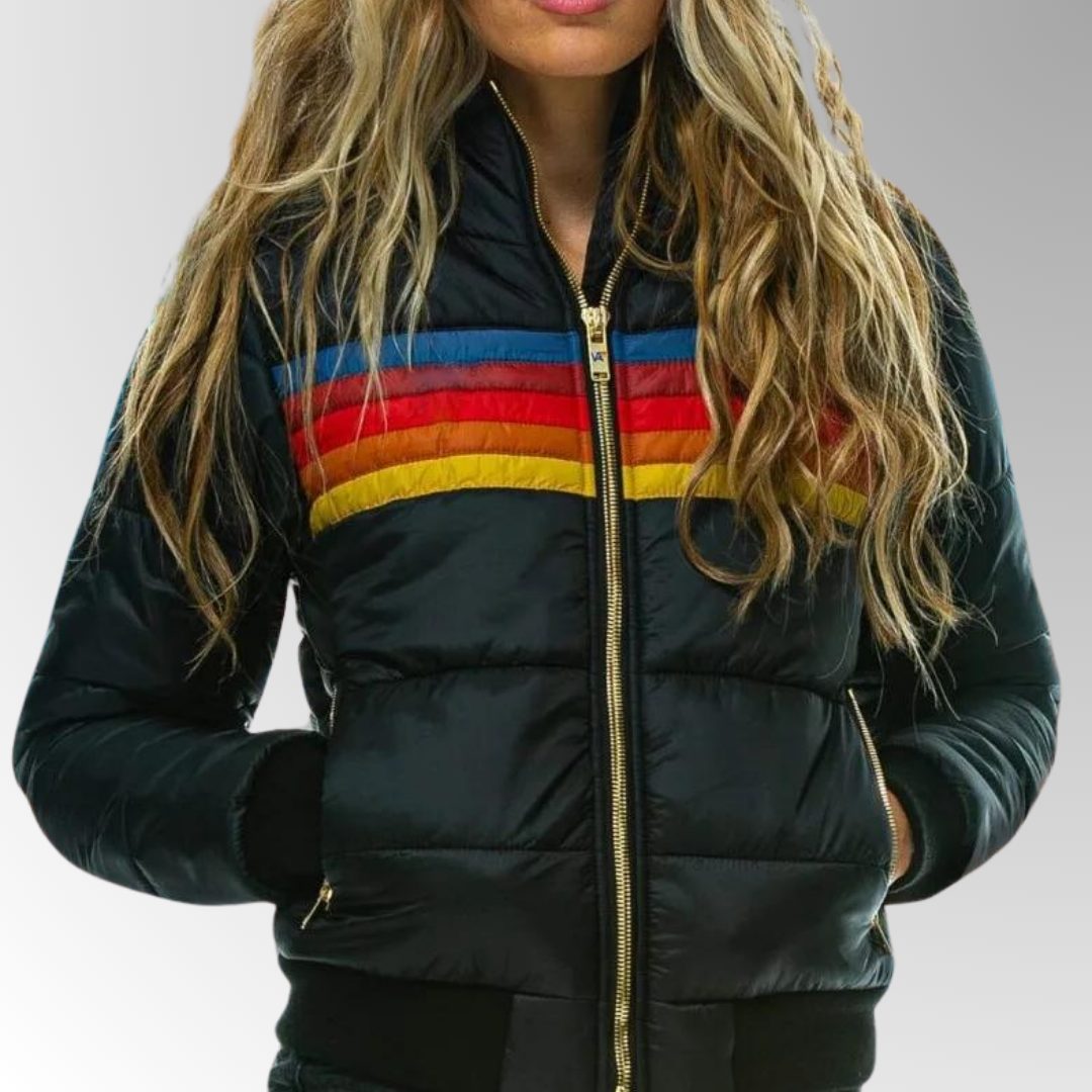 Women's Hooded Quilted Puffer with Throwback Stripe Panels - Black