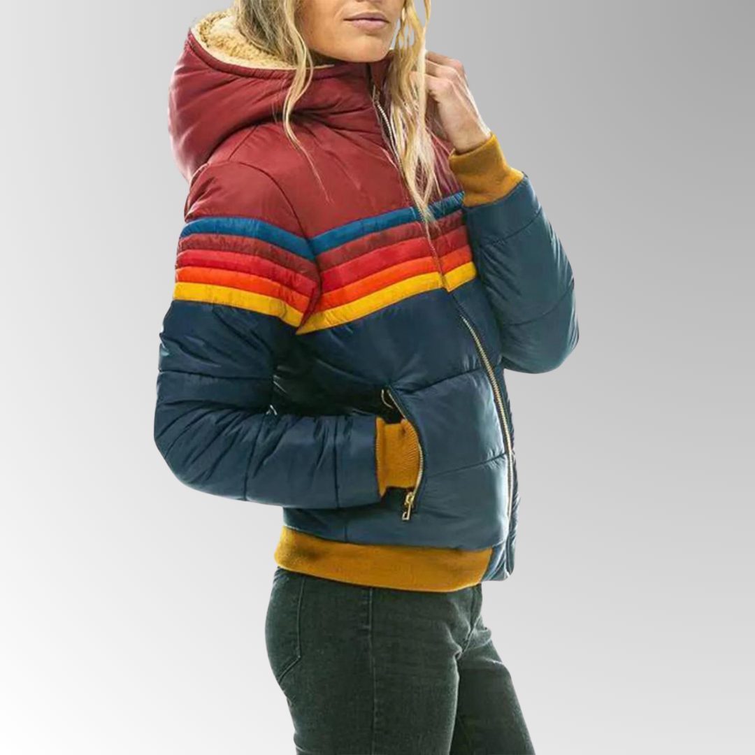 Women's Hooded Quilted Puffer with Throwback Stripe Panels