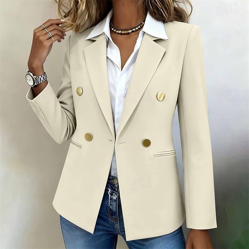 Women's Straight-Cut Six-Button Blazer with Notch Lapels - Beige