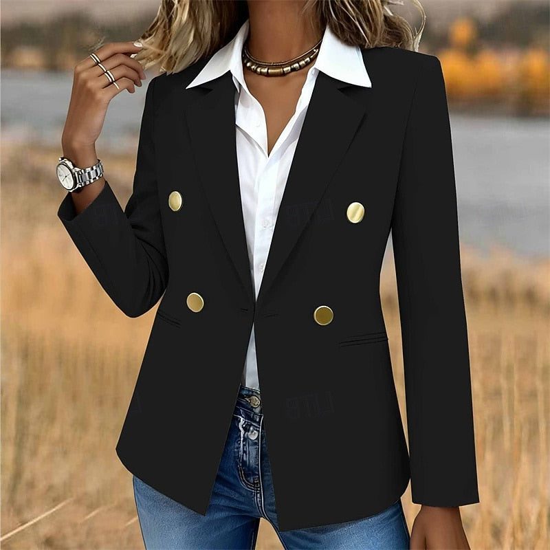 Women's Straight-Cut Six-Button Blazer with Notch Lapels - Black