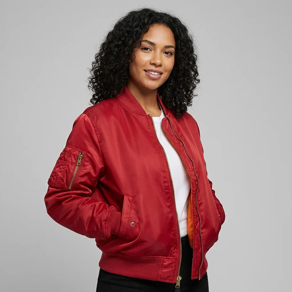 Women's All-Year Bomber with Ribbed Cuffs and Side Pockets - Red