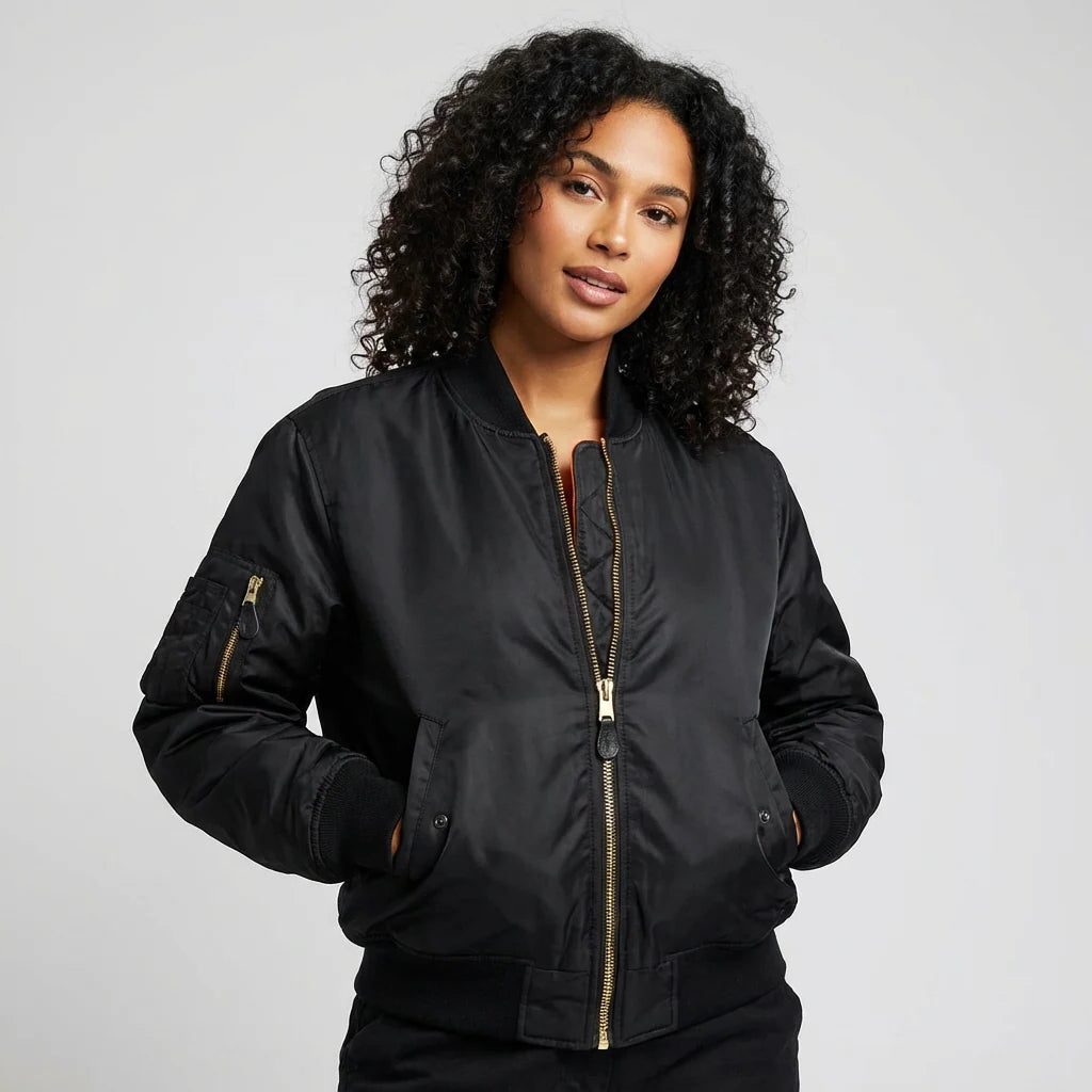 Women's All-Year Bomber with Ribbed Cuffs and Side Pockets - Black