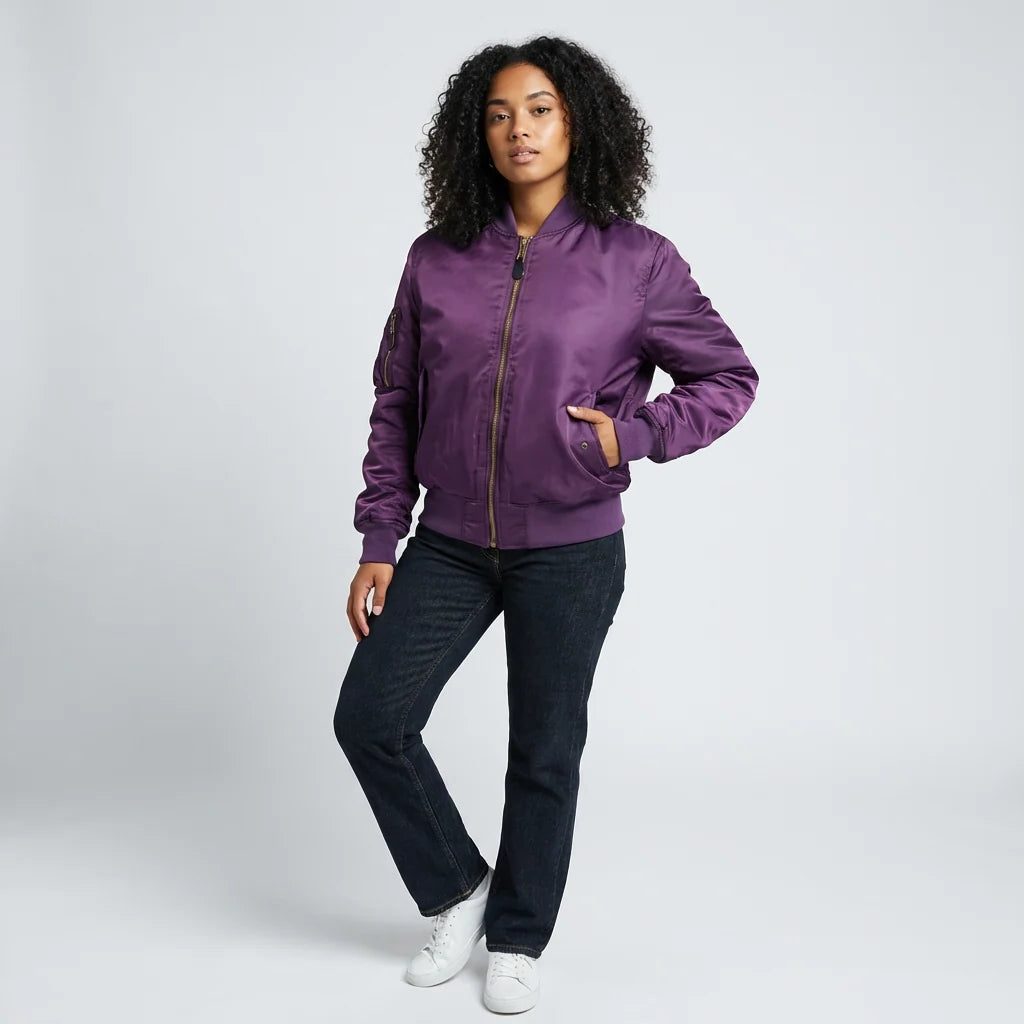 Women's All-Year Bomber with Ribbed Cuffs and Side Pockets - Purple