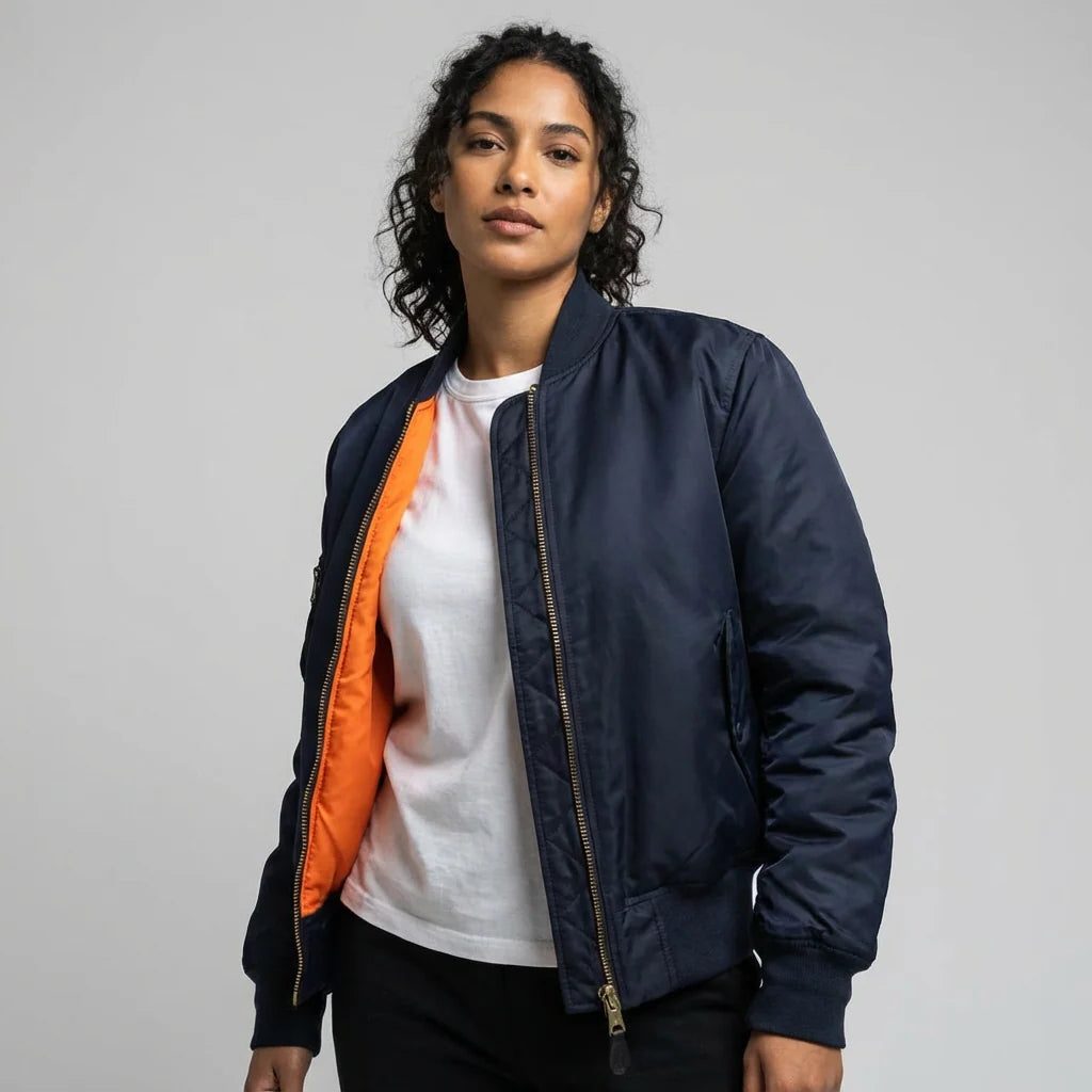 Women's All-Year Bomber with Ribbed Cuffs and Side Pockets - Navy Blue