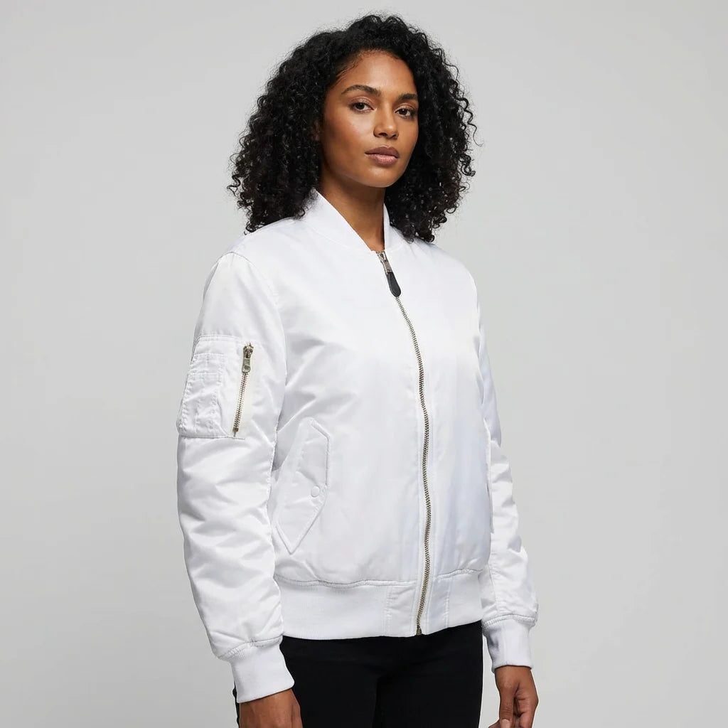 Women's All-Year Bomber with Ribbed Cuffs and Side Pockets - White