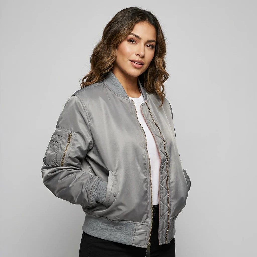 Women's All-Year Bomber with Ribbed Cuffs and Side Pockets - Grey