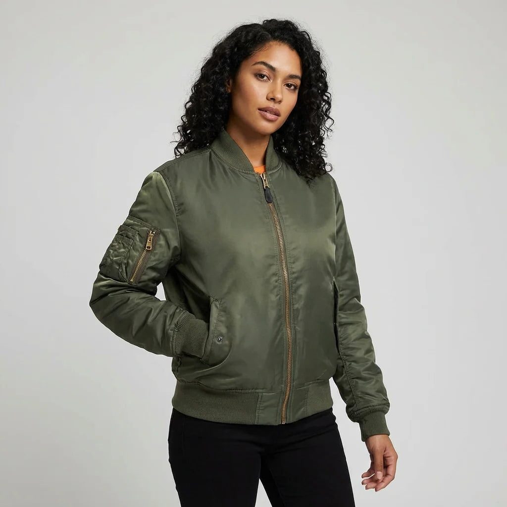 Women's All-Year Bomber with Ribbed Cuffs and Side Pockets - Green
