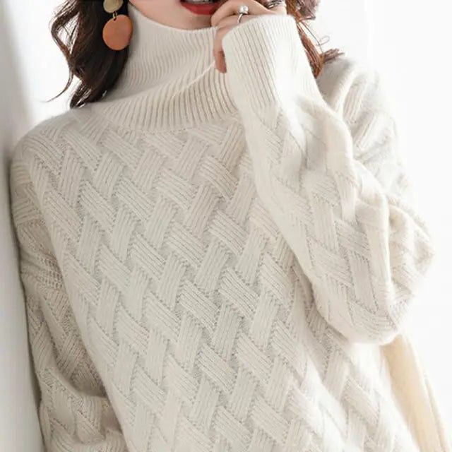 Women's Generous-Fit Cable-Knit Polo Neck Jumper - Beige