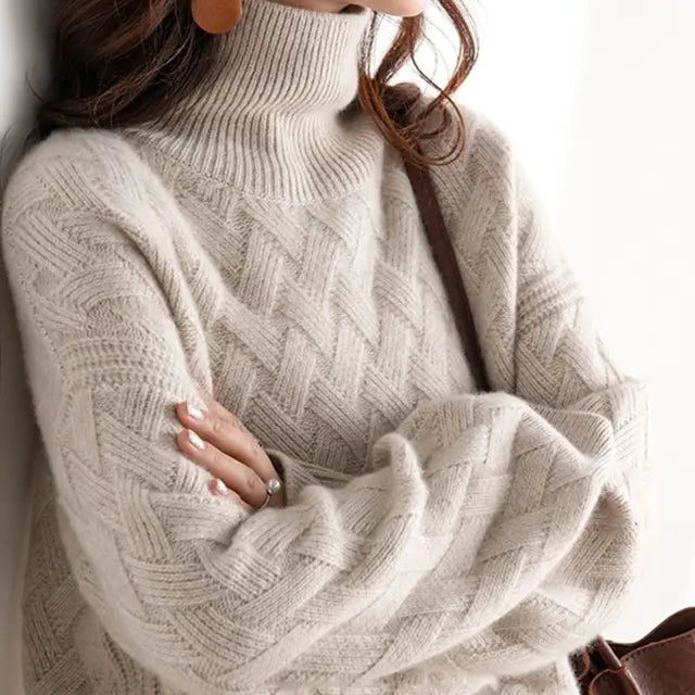 Women's Generous-Fit Cable-Knit Polo Neck Jumper - Camel