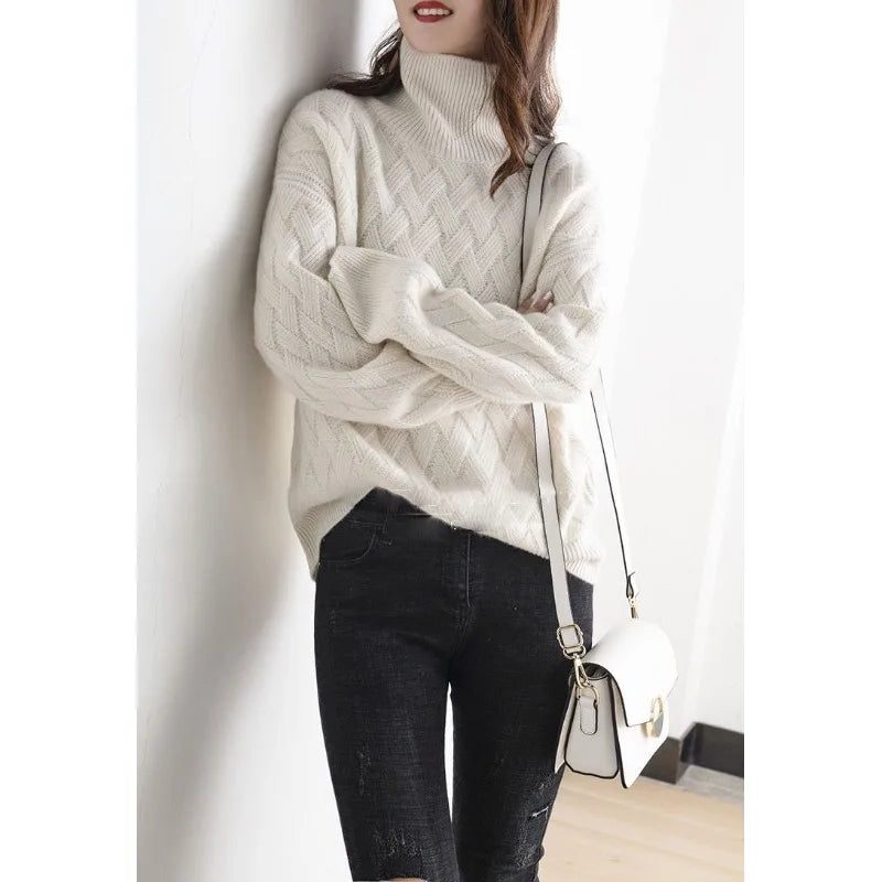 Women's Generous-Fit Cable-Knit Polo Neck Jumper