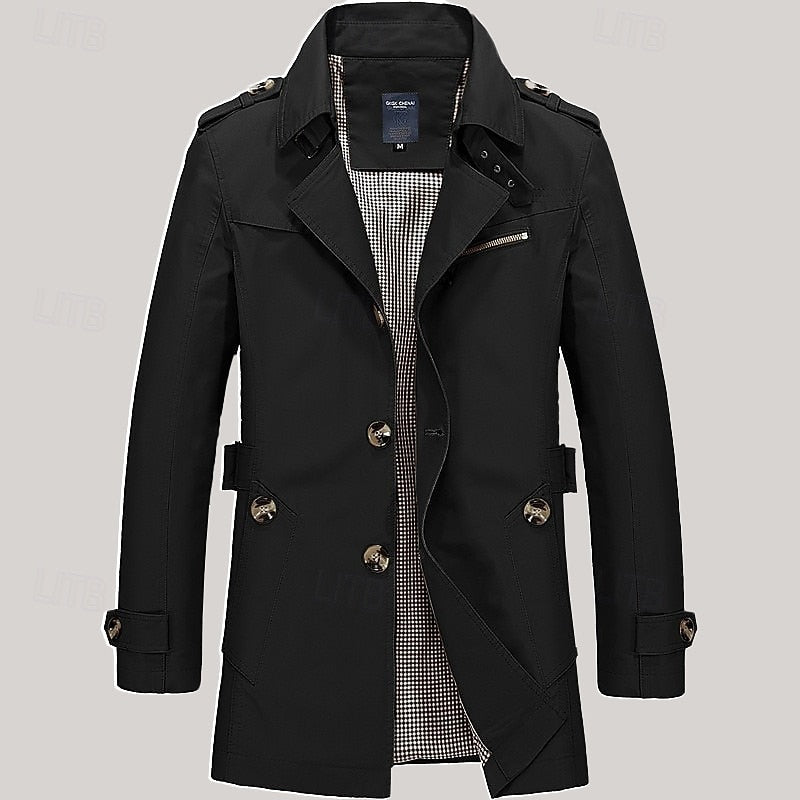 Men's Single-Row Button Trench Coat with Generous Front Pockets