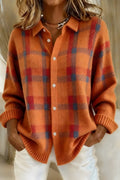 Women's Roomy Check-Print Knit Cardigan with Ribbed Cuffs - Orange