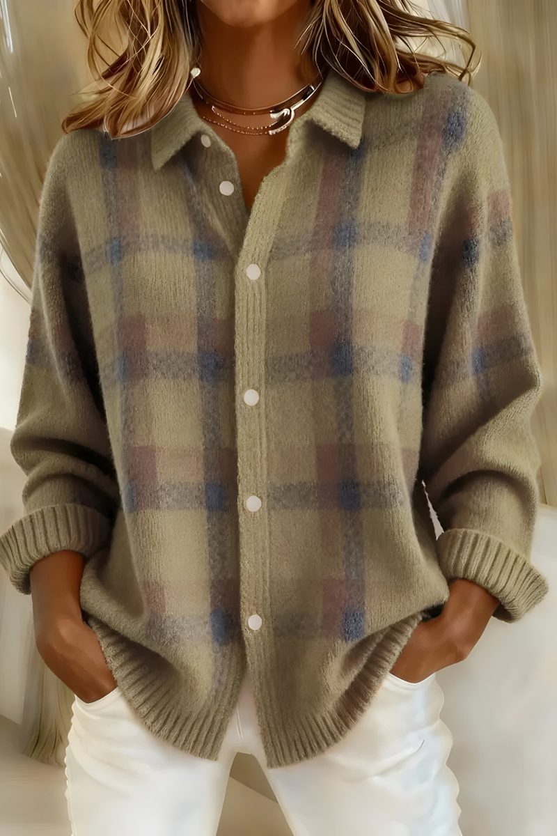 Women's Roomy Check-Print Knit Cardigan with Ribbed Cuffs - Brown