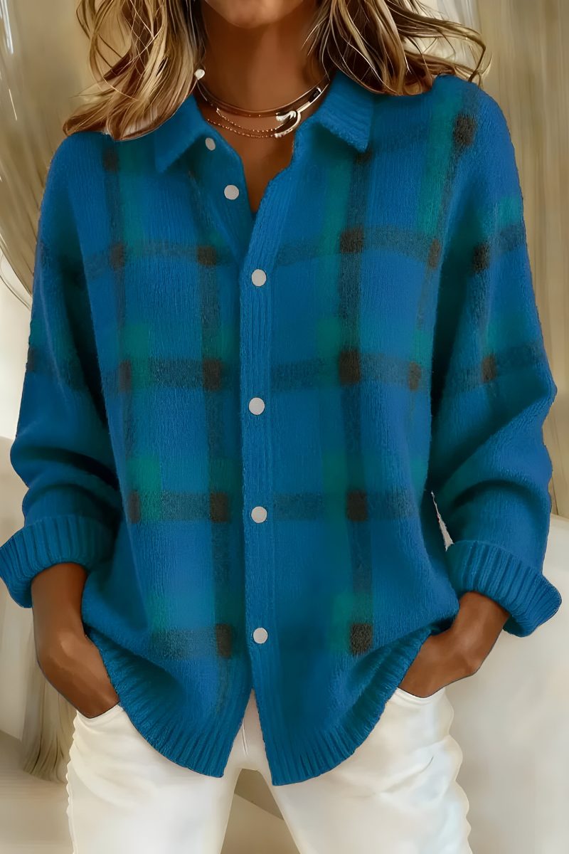 Women's Roomy Check-Print Knit Cardigan with Ribbed Cuffs - Blue