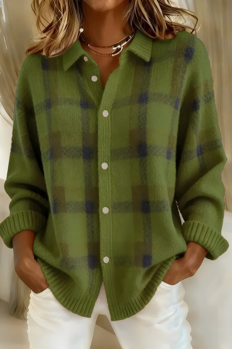 Women's Roomy Check-Print Knit Cardigan with Ribbed Cuffs - Green