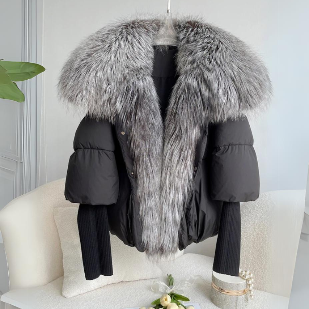 Women's Dramatic-Collar Cropped Padded Jacket with Knitted Sleeves - Black