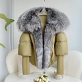 Women's Dramatic-Collar Cropped Padded Jacket with Knitted Sleeves - Olive Green