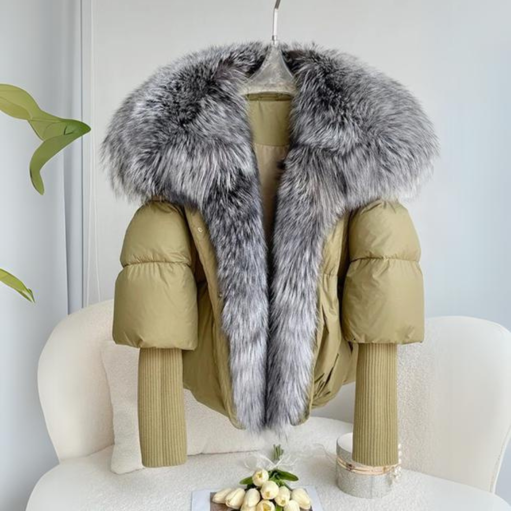 Women's Dramatic-Collar Cropped Padded Jacket with Knitted Sleeves - Olive Green