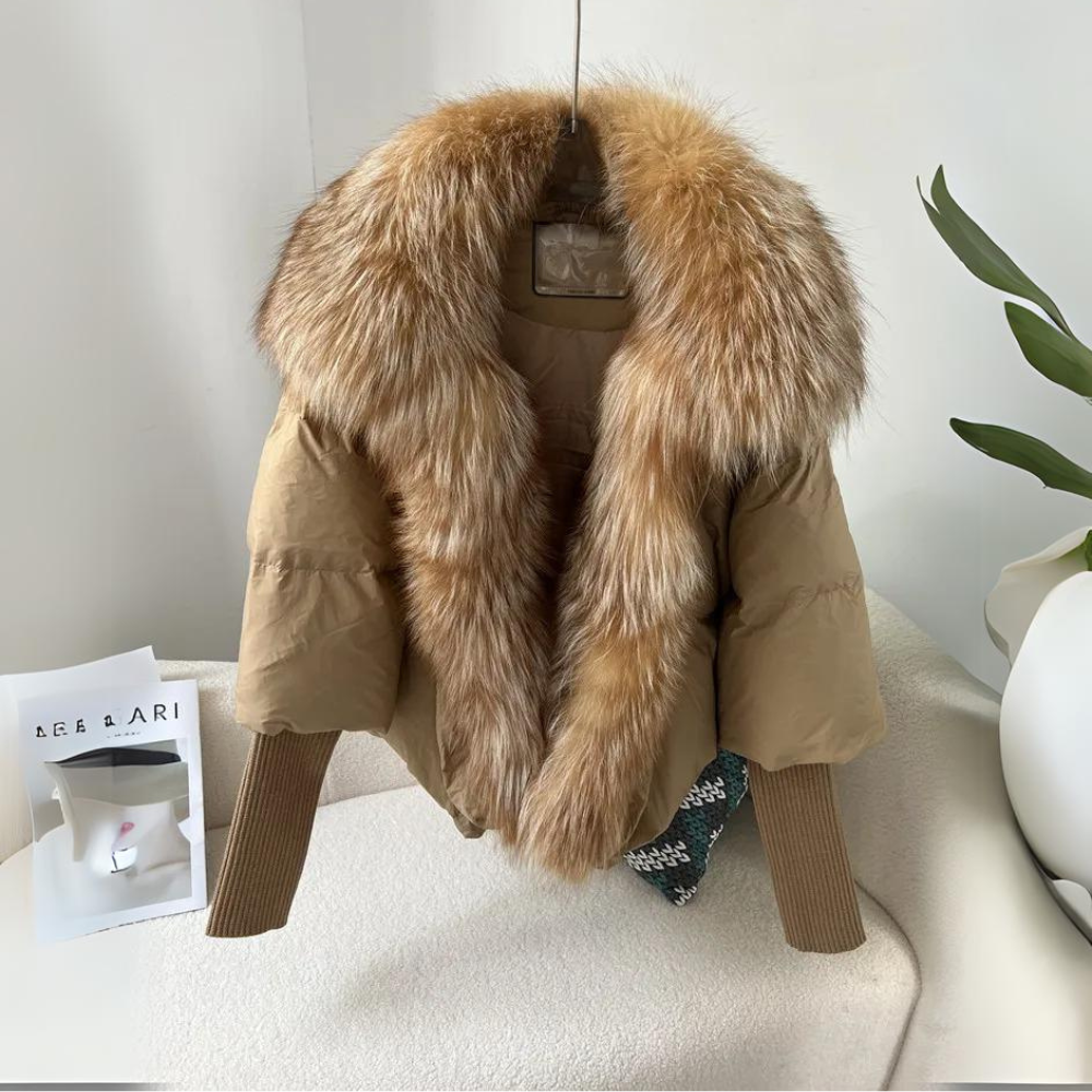 Women's Dramatic-Collar Cropped Padded Jacket with Knitted Sleeves - Khaki