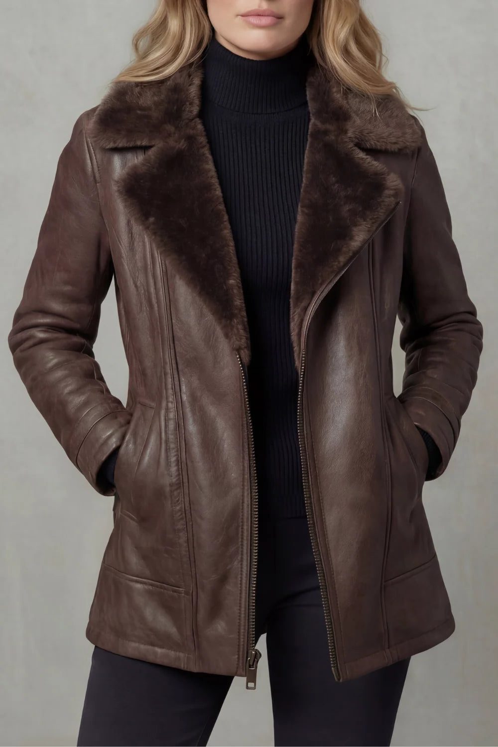 Women's Plush-Collar Leather-Style Jacket with Full-Length Zip - Brown