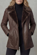 Women's Plush-Collar Leather-Style Jacket with Full-Length Zip - Brown